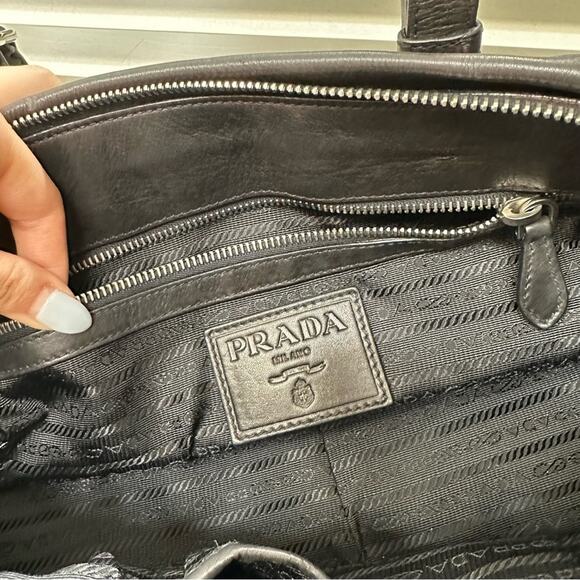 Vintage Prada Black Top Handle Bag Satchel Crossbody Silver Logo Belt Designer - Picture 7 of 16
